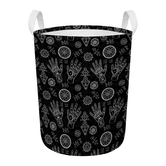 Black And White Wiccan Palmistry Print Round Laundry Basket