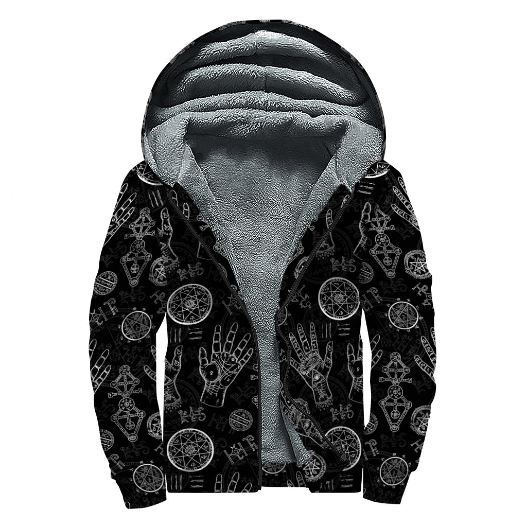 Black And White Wiccan Palmistry Print Sherpa Lined Zip Up Hoodie