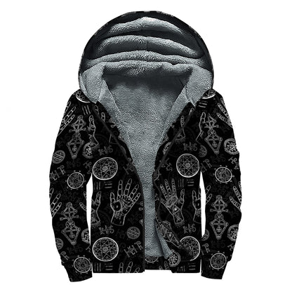 Black And White Wiccan Palmistry Print Sherpa Lined Zip Up Hoodie