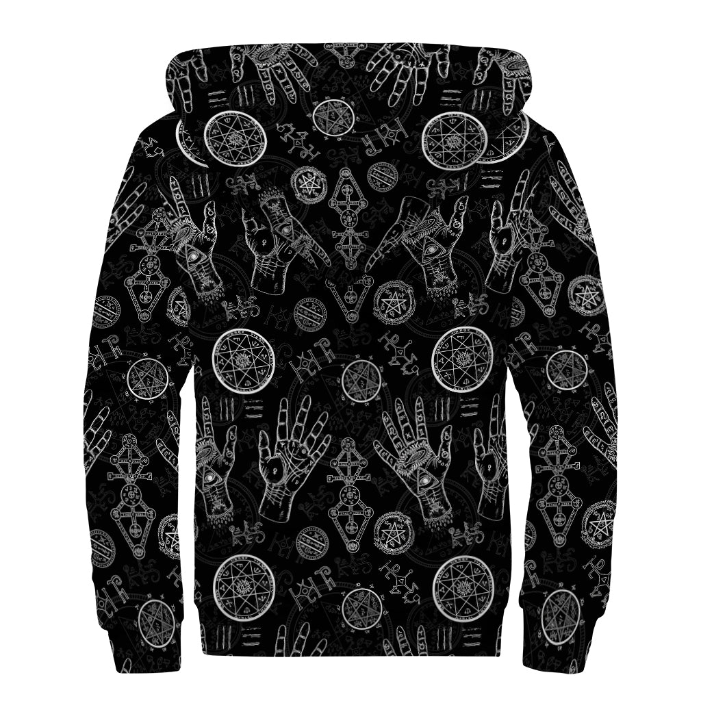 Black And White Wiccan Palmistry Print Sherpa Lined Zip Up Hoodie