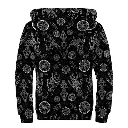 Black And White Wiccan Palmistry Print Sherpa Lined Zip Up Hoodie