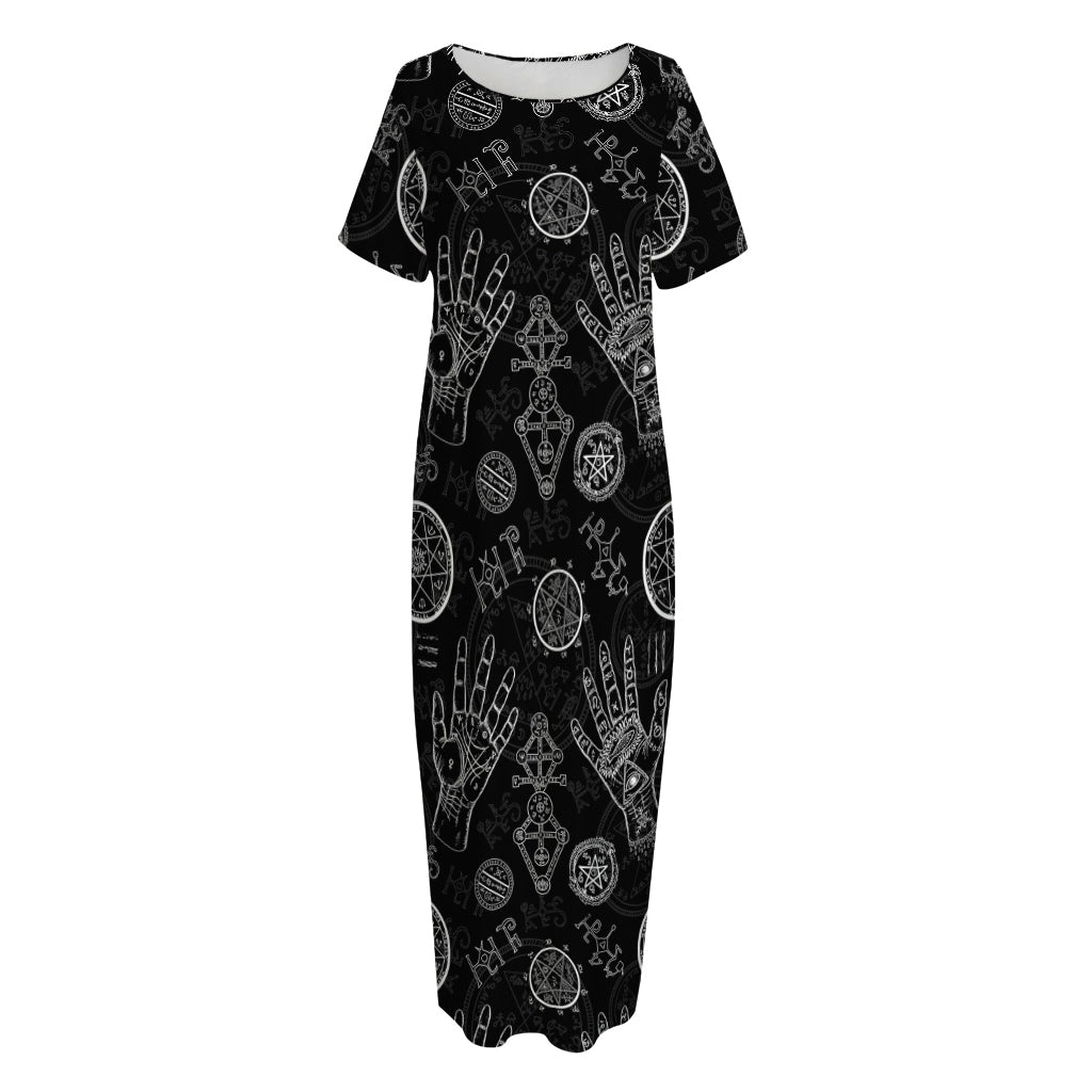 Black And White Wiccan Palmistry Print Short Sleeve Long Nightdress