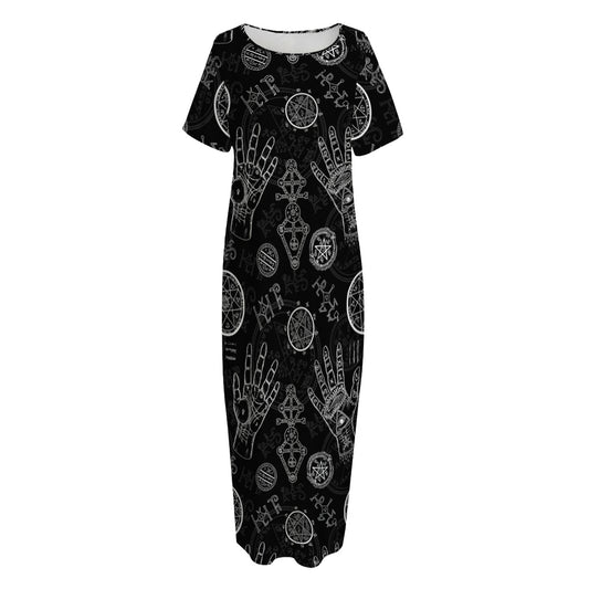 Black And White Wiccan Palmistry Print Short Sleeve Long Nightdress