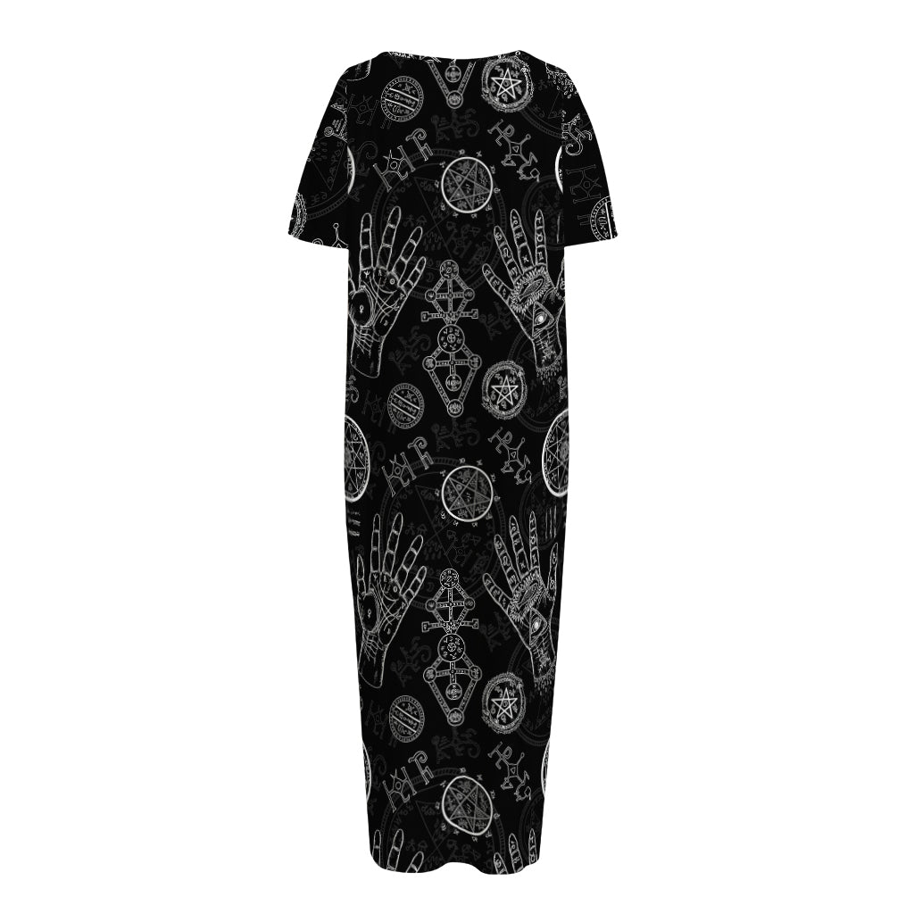 Black And White Wiccan Palmistry Print Short Sleeve Long Nightdress