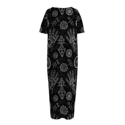 Black And White Wiccan Palmistry Print Short Sleeve Long Nightdress