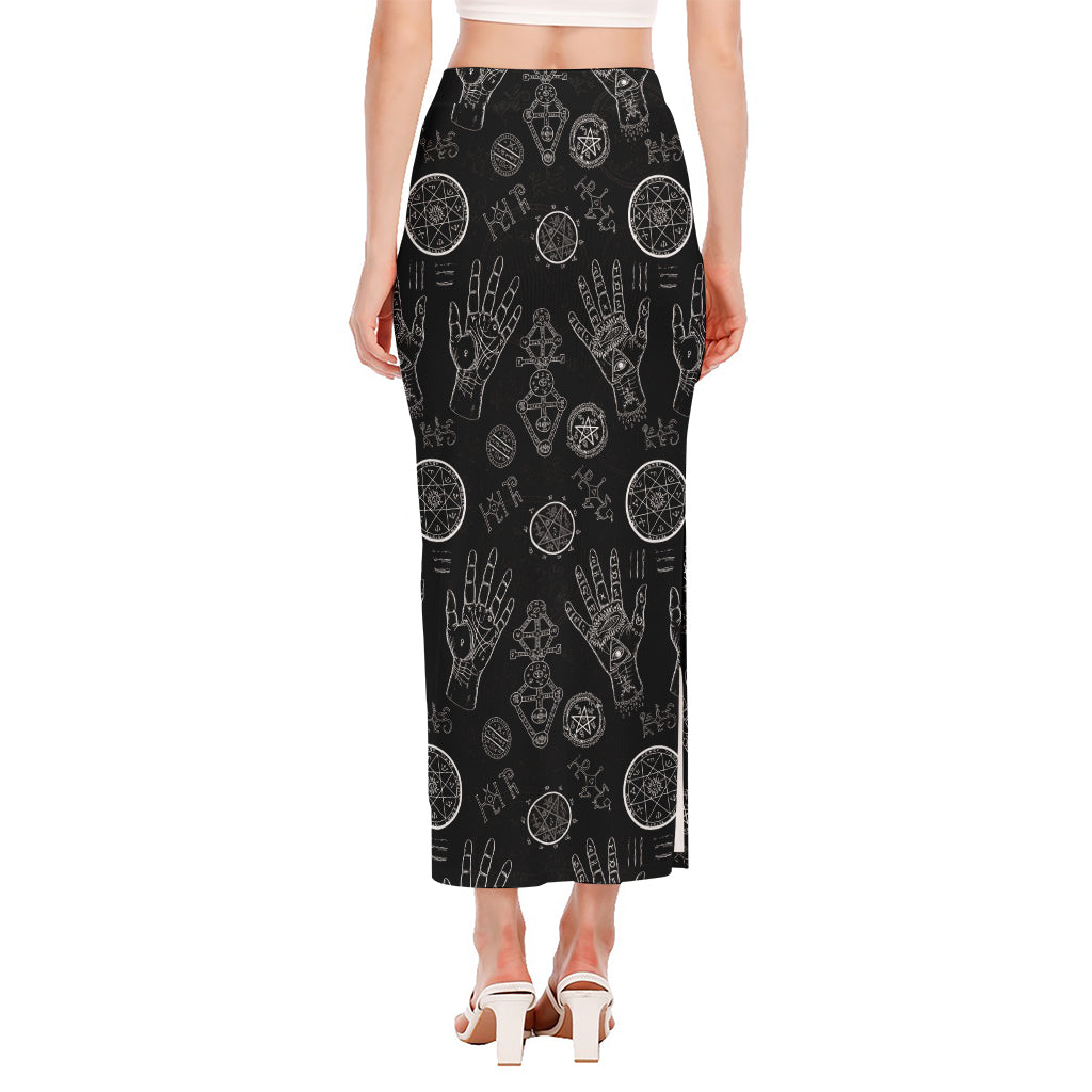 Black And White Wiccan Palmistry Print Side Slit Maxi Skirt