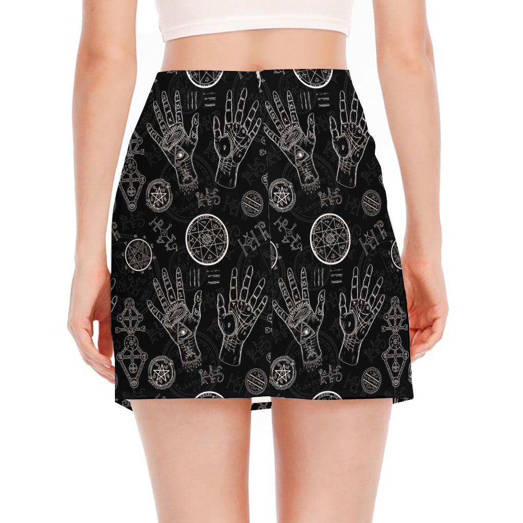 Black And White Wiccan Palmistry Print Side Slit Mini Skirt
