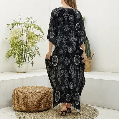 Black And White Wiccan Palmistry Print Silk V-Neck Kaftan Dress