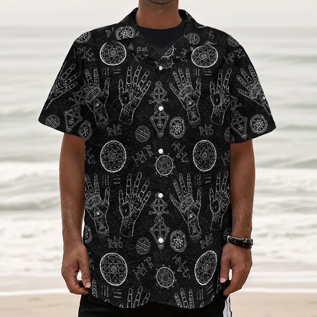 Black And White Wiccan Palmistry Print Textured Short Sleeve Shirt