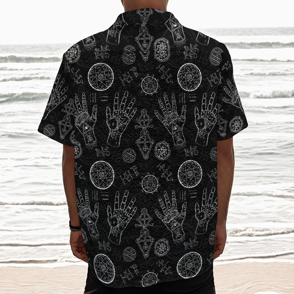 Black And White Wiccan Palmistry Print Textured Short Sleeve Shirt