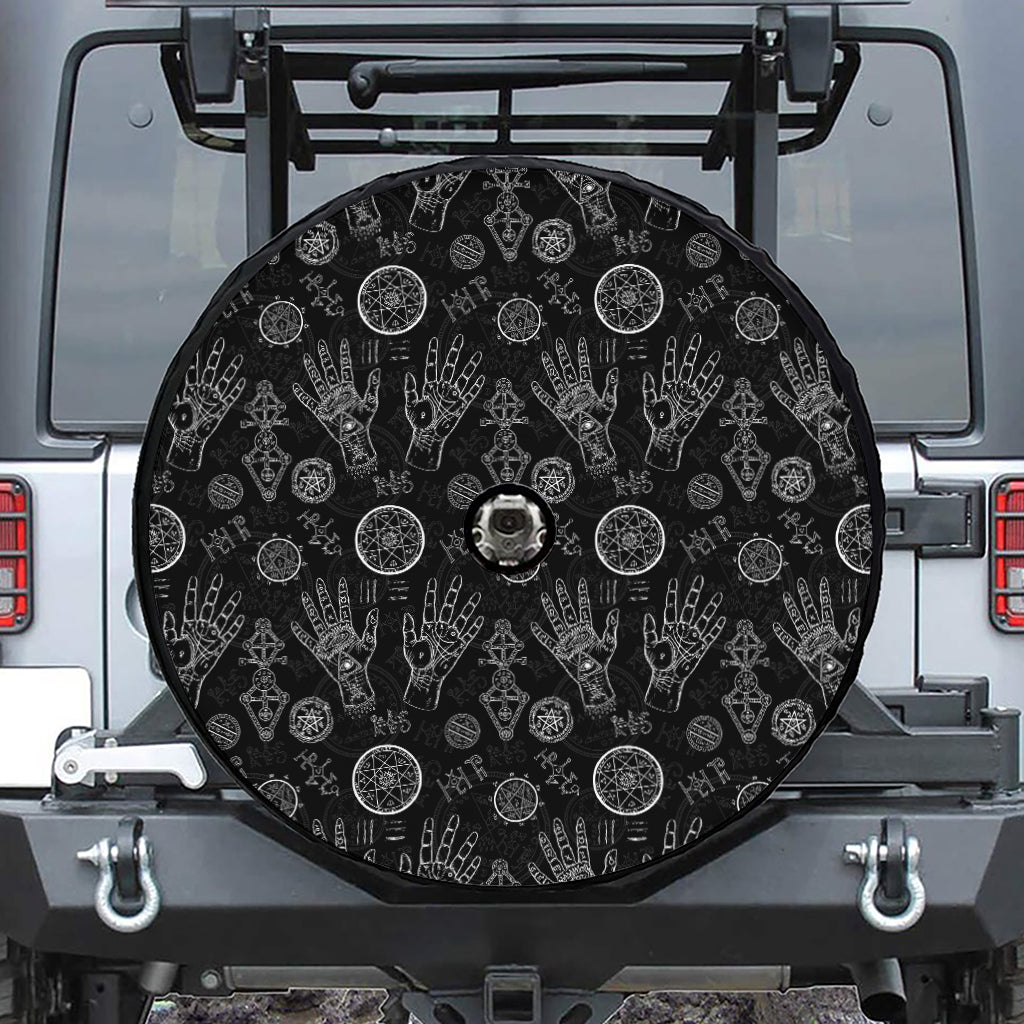 Black And White Wiccan Palmistry Print Tire Cover With Camera Hole