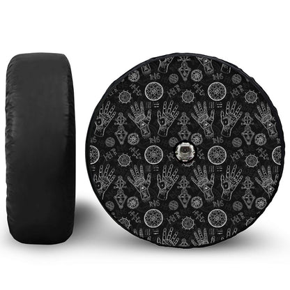 Black And White Wiccan Palmistry Print Tire Cover With Camera Hole