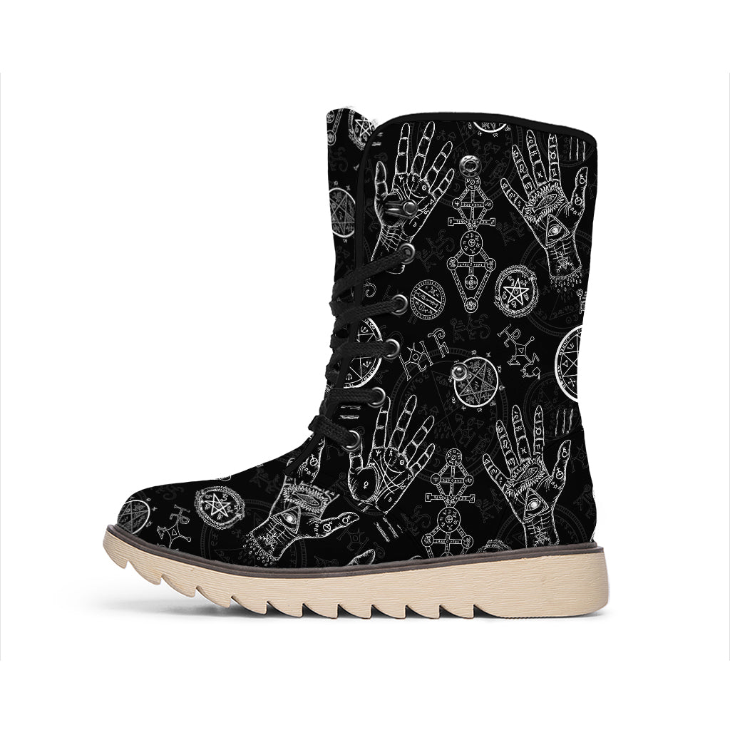 Black And White Wiccan Palmistry Print Winter Boots