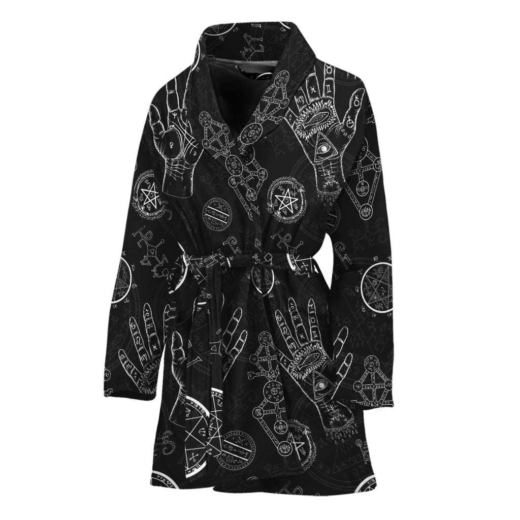 Black And White Wiccan Palmistry Print Women's Bathrobe