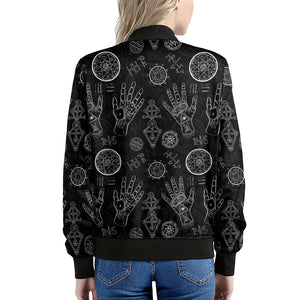 Black And White Wiccan Palmistry Print Women's Bomber Jacket