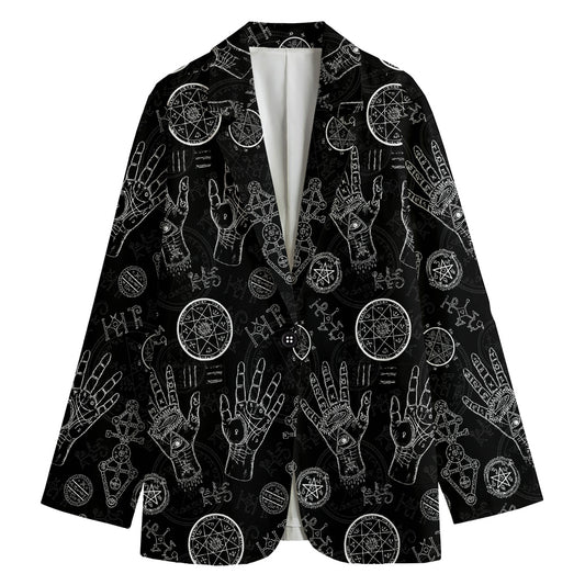 Black And White Wiccan Palmistry Print Women's Cotton Blazer
