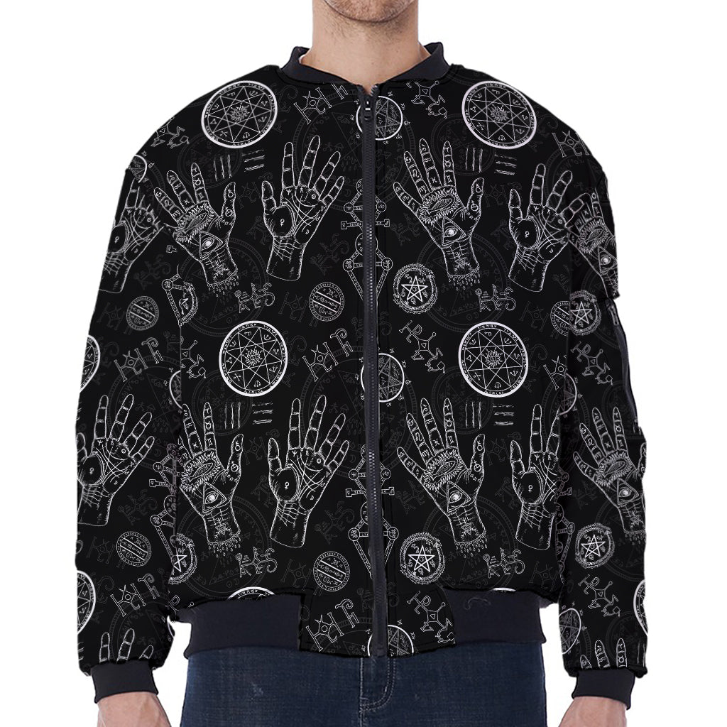Black And White Wiccan Palmistry Print Zip Sleeve Bomber Jacket