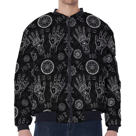 Black And White Wiccan Palmistry Print Zip Sleeve Bomber Jacket