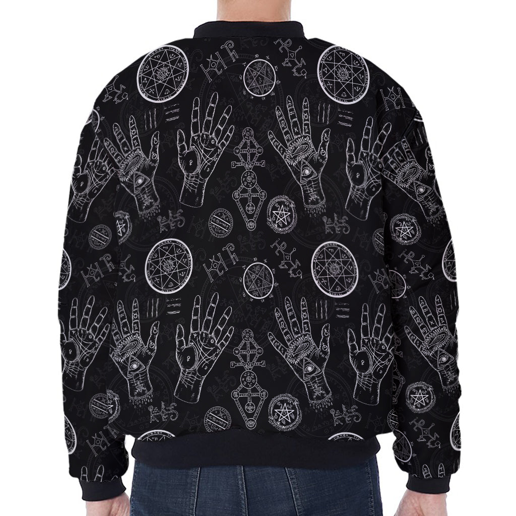 Black And White Wiccan Palmistry Print Zip Sleeve Bomber Jacket