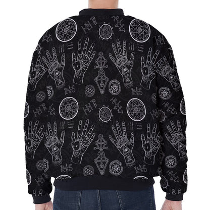 Black And White Wiccan Palmistry Print Zip Sleeve Bomber Jacket