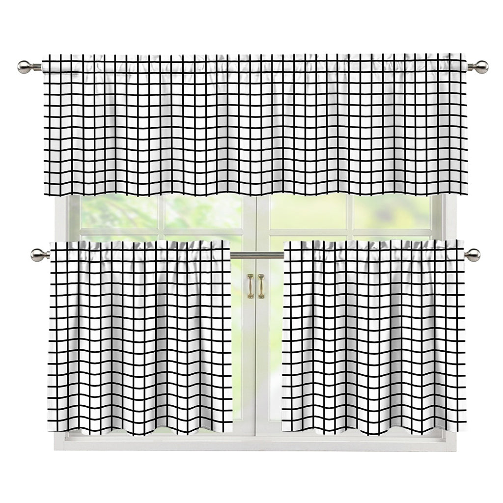 Black And White Windowpane Pattern Print 3 Piece Kitchen Curtains