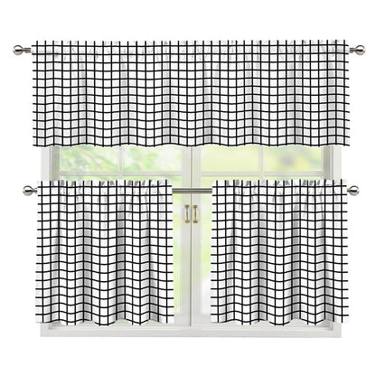 Black And White Windowpane Pattern Print 3 Piece Kitchen Curtains