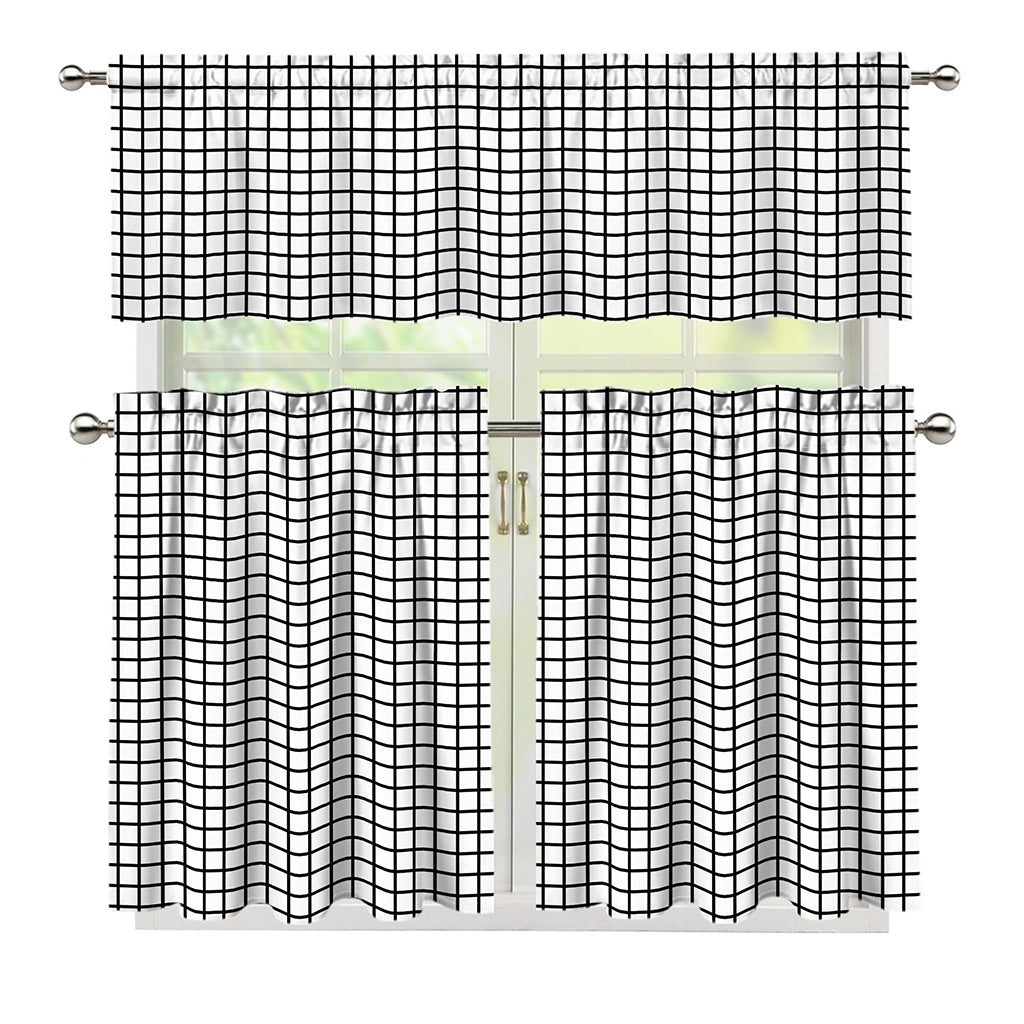 Black And White Windowpane Pattern Print 3 Piece Kitchen Curtains