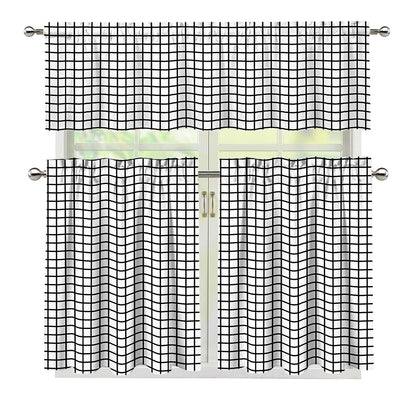 Black And White Windowpane Pattern Print 3 Piece Kitchen Curtains