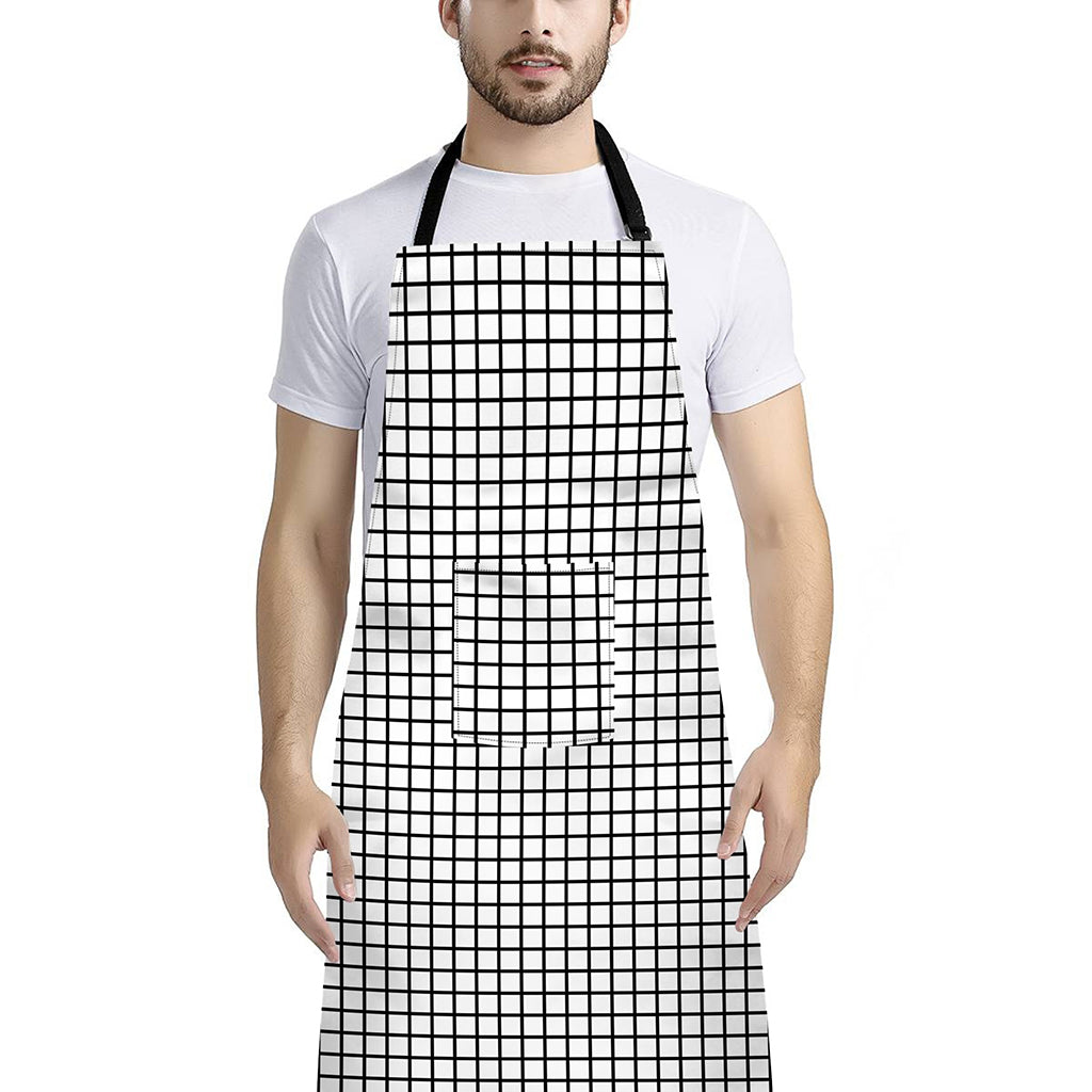 Black And White Windowpane Pattern Print Bib Apron With Pocket