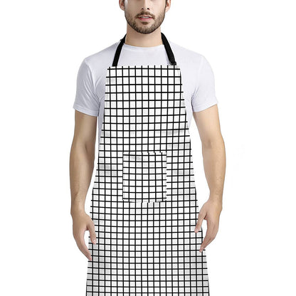 Black And White Windowpane Pattern Print Bib Apron With Pocket