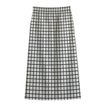 Black And White Windowpane Pattern Print Cotton Front Slit Maxi Skirt