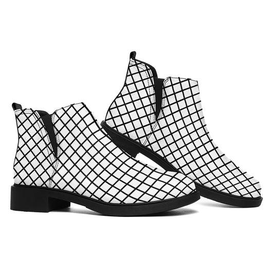 Black And White Windowpane Pattern Print Flat Ankle Boots