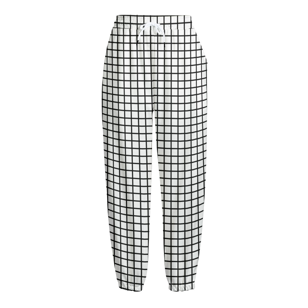 Black And White Windowpane Pattern Print Fleece Lined Knit Pants