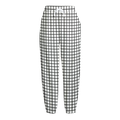 Black And White Windowpane Pattern Print Fleece Lined Knit Pants