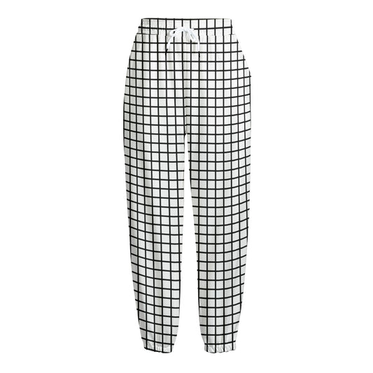 Black And White Windowpane Pattern Print Fleece Lined Knit Pants