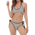 Black And White Windowpane Pattern Print Halter Scoop Tie Side Bikini
