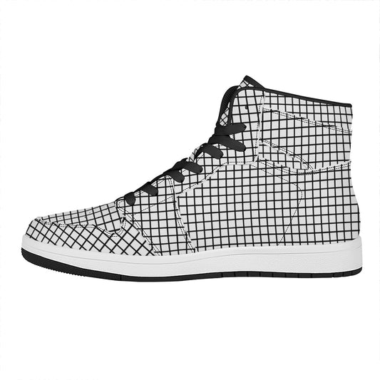 Black And White Windowpane Pattern Print High Top Leather Sneakers