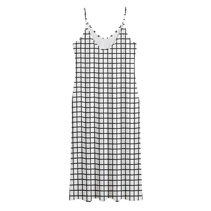 Black And White Windowpane Pattern Print Jersey Midi Cami Dress