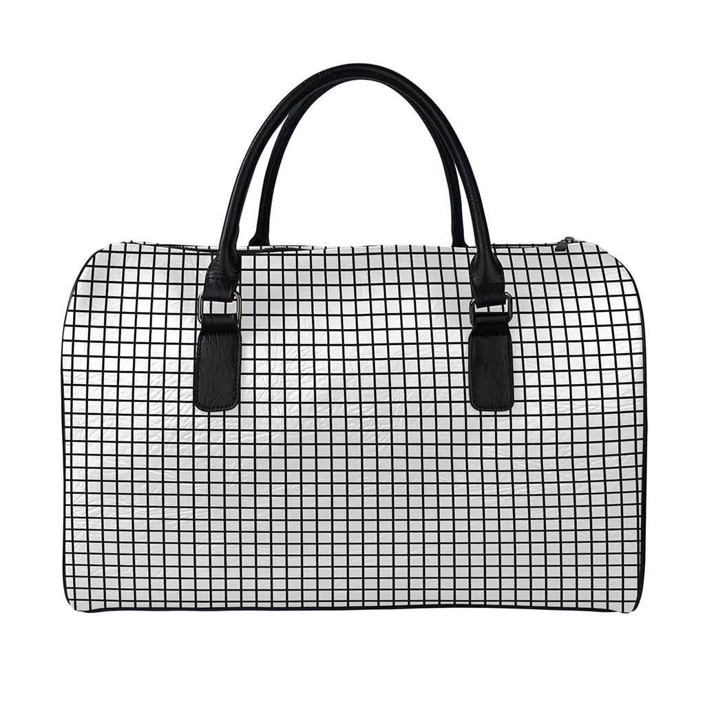 Black And White Windowpane Pattern Print Leather Duffle Bag