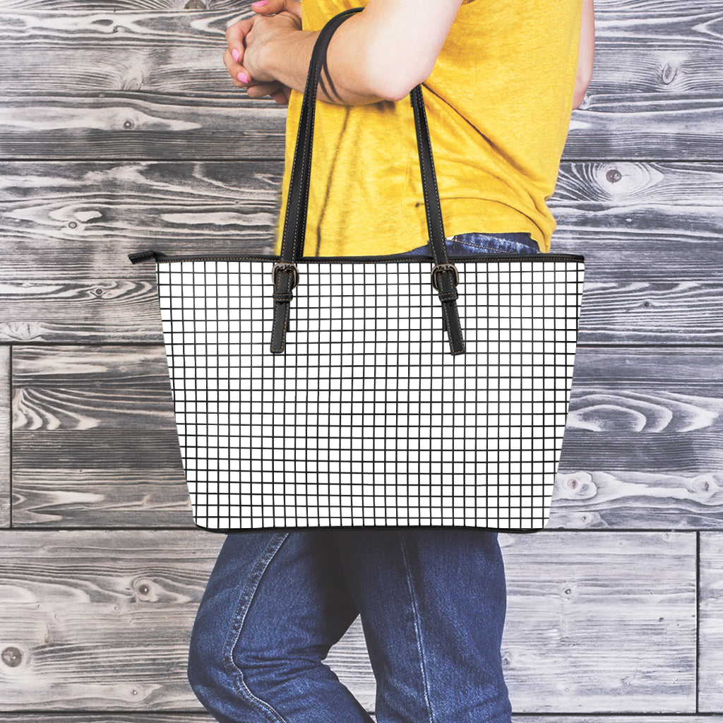 Black And White Windowpane Pattern Print Leather Tote Bag