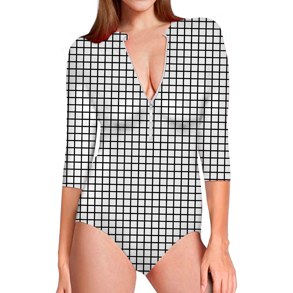 Black And White Windowpane Pattern Print Long Sleeve Swimsuit