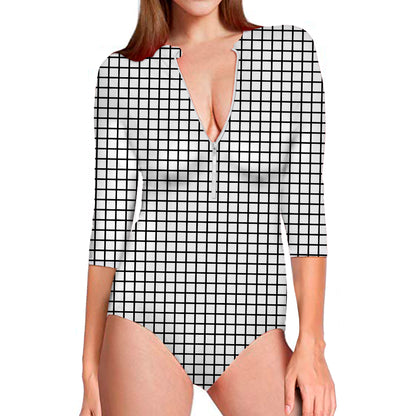 Black And White Windowpane Pattern Print Long Sleeve Swimsuit
