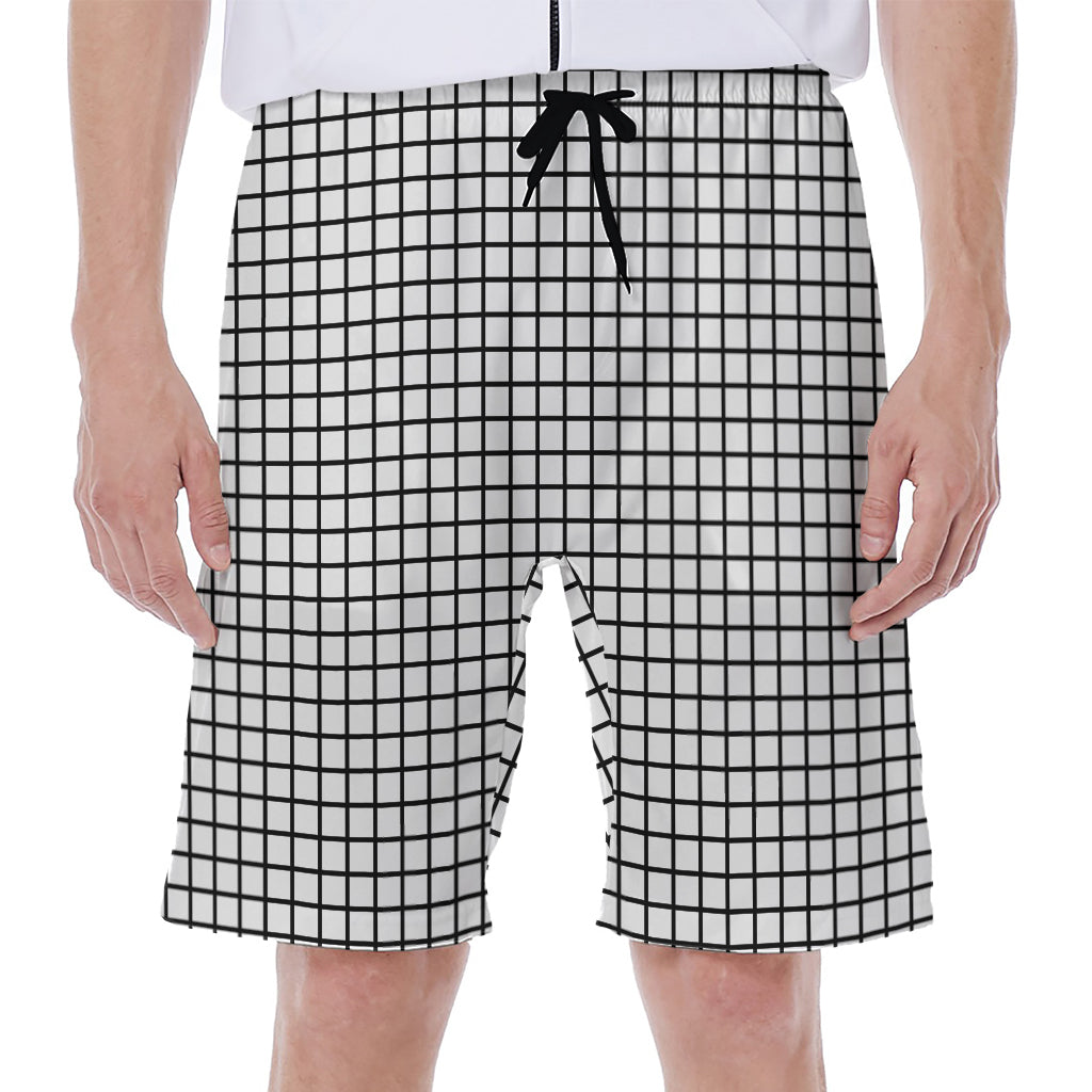 Black And White Windowpane Pattern Print Men's Beach Shorts