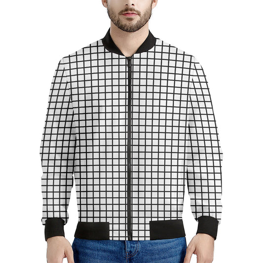 Black And White Windowpane Pattern Print Men's Bomber Jacket