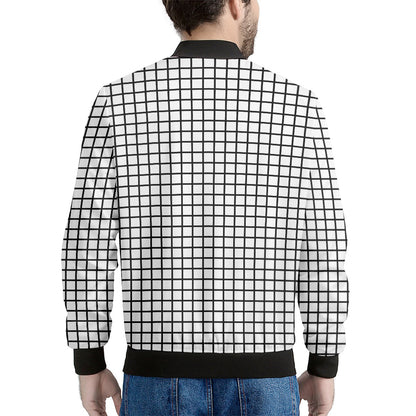 Black And White Windowpane Pattern Print Men's Bomber Jacket