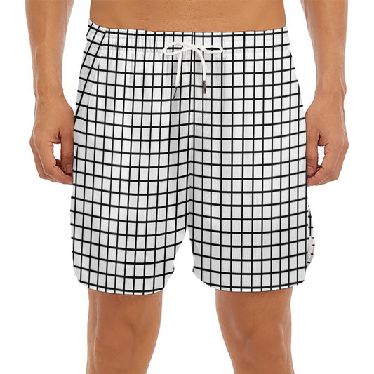 Black And White Windowpane Pattern Print Men's Split Running Shorts