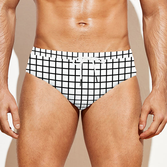 Black And White Windowpane Pattern Print Men's Swim Briefs