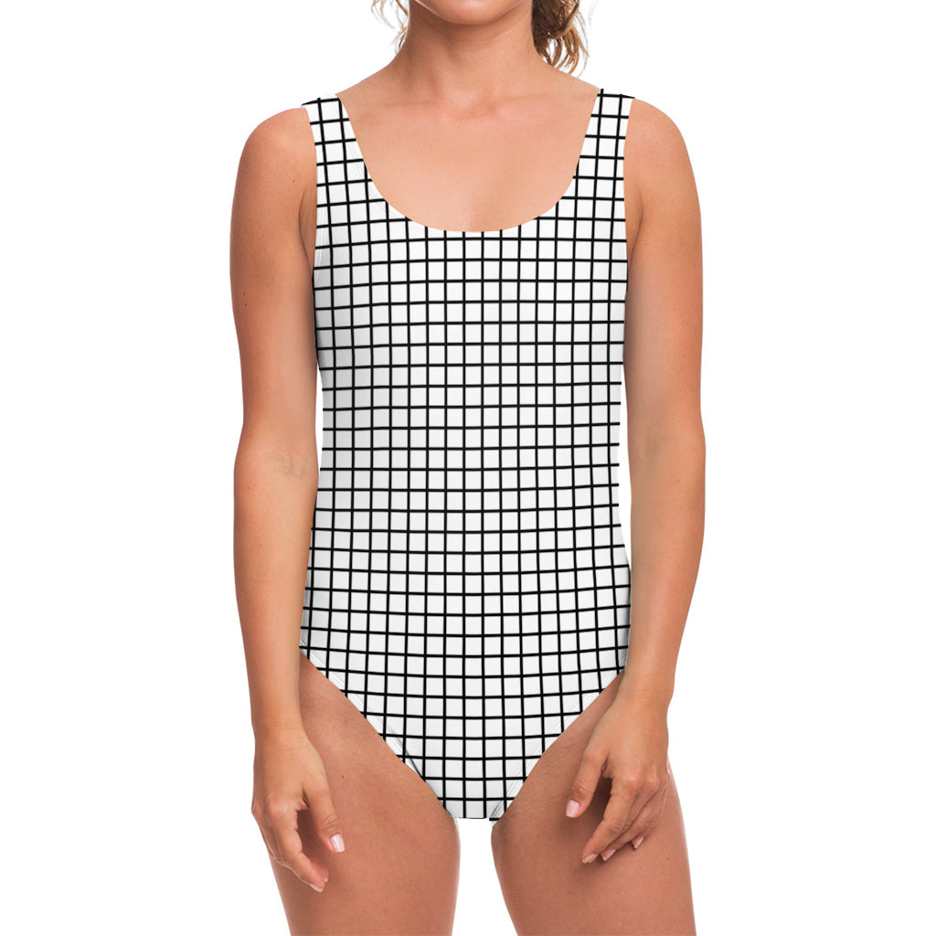 Black And White Windowpane Pattern Print One Piece Swimsuit