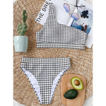 Black And White Windowpane Pattern Print One Shoulder Bikini Top