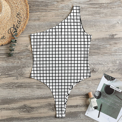 Black And White Windowpane Pattern Print One Shoulder Bodysuit